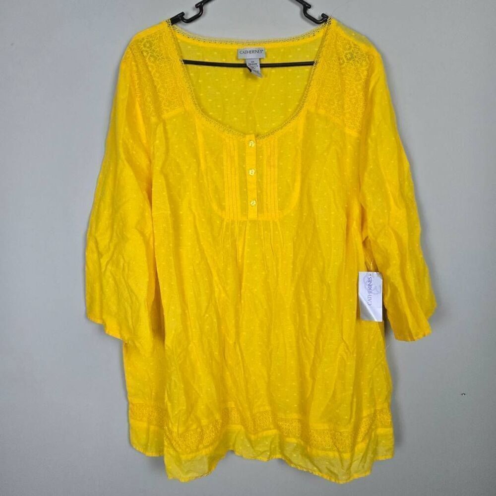 Catherines Womens Embroidered Semi Sheer Tunic Top Sz 2X Yellow Boho Peasant NWT